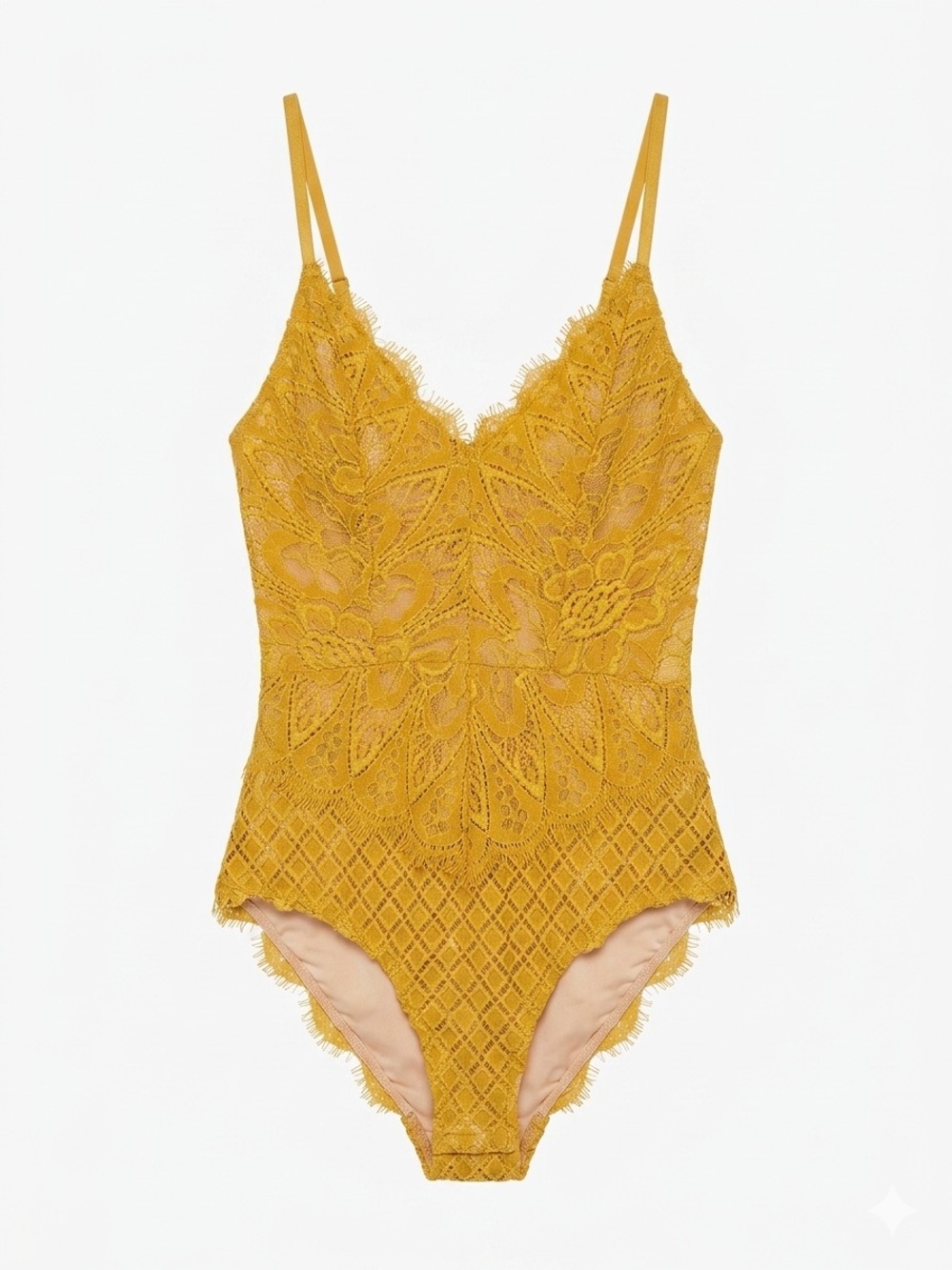 Vera & Lucy Vibrant Mustard Raw Edges All Lace Fully Lined Bodysuit Size Small